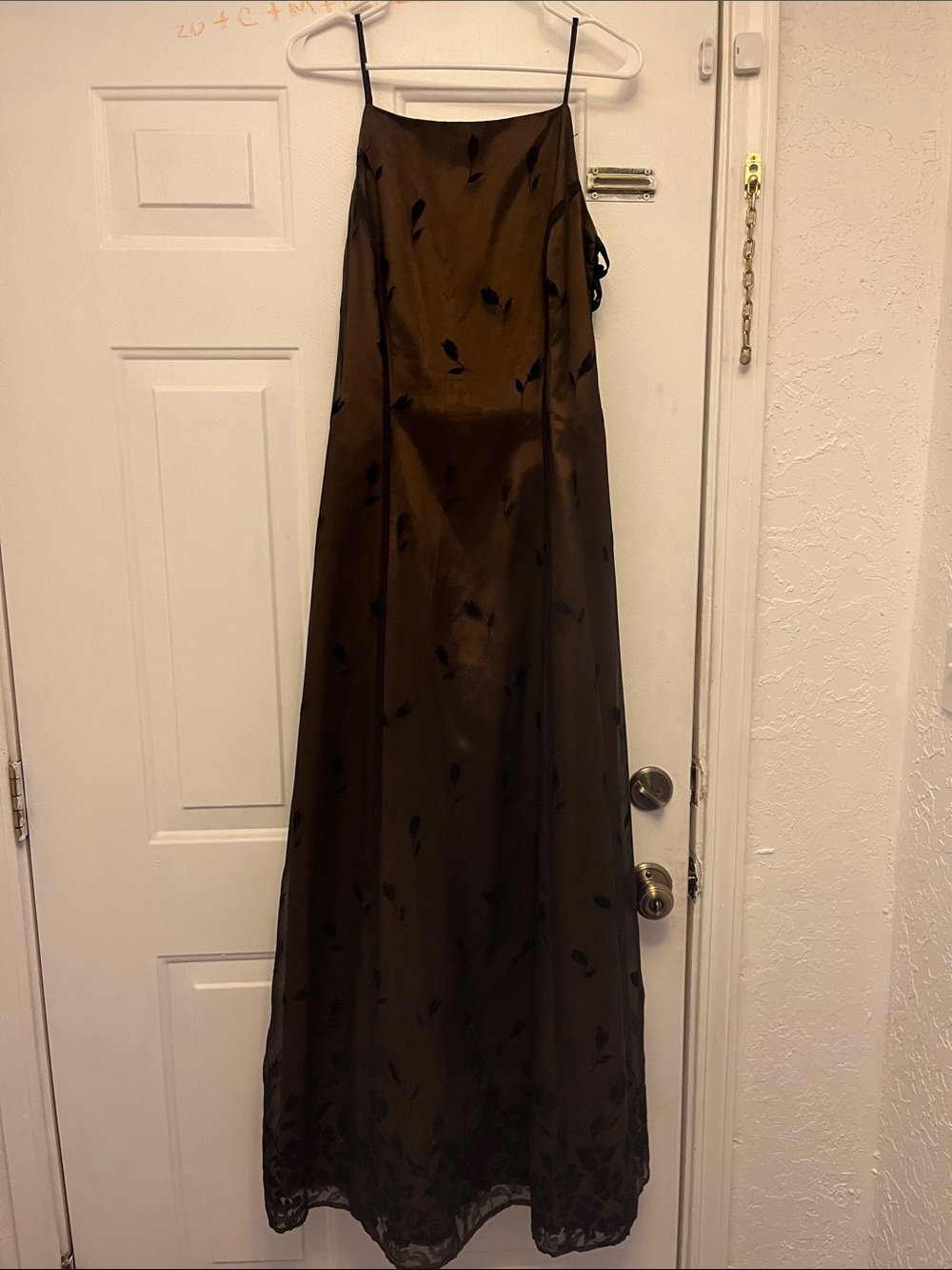 Morgan & Co. Brown Satin Maxi Skirt with Black Leaf Motif